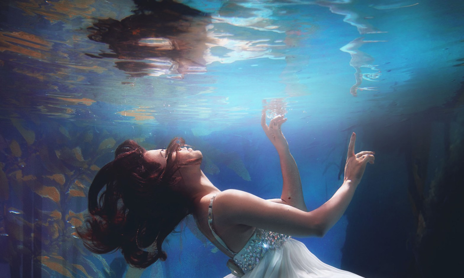 woman underwater gazing up at the surface